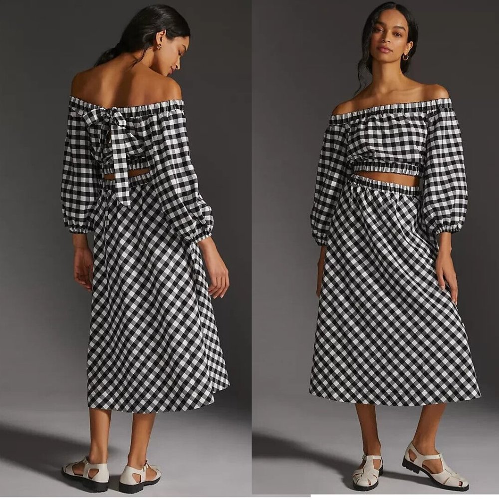 Anthropologie Black and White Gingham Off-Shoulder Skirt Set with Tie Back